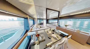 Яхта Ferretti 780 Crystal - роскошь и комфорт для 20 гостей. 4 каюты, флайбридж, идеальна для корпоративов, свадеб и торжеств в Дубае.