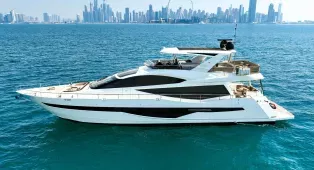 Яхта Galeon 780 Crystal в Дубае, 24 метра, 15 гостей, 4 каюты. Идеальна для корпоративов, вечеринок и торжеств с панорамным видом на город.